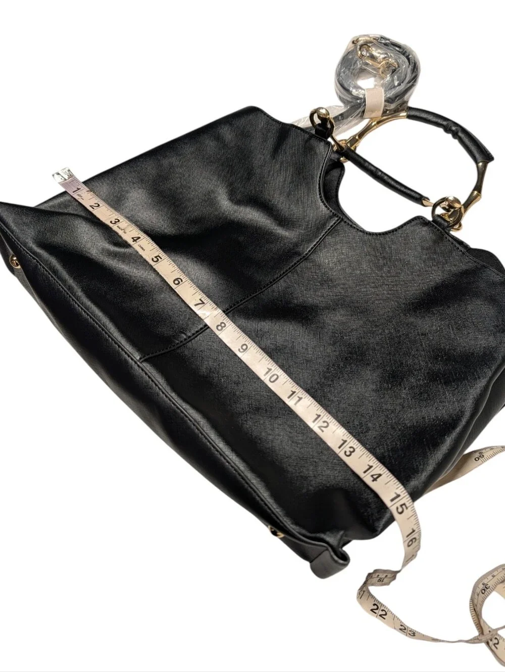 Women's Black Tote Bag Gold Bamboo Handles Structured Shoulder Bag NWOT